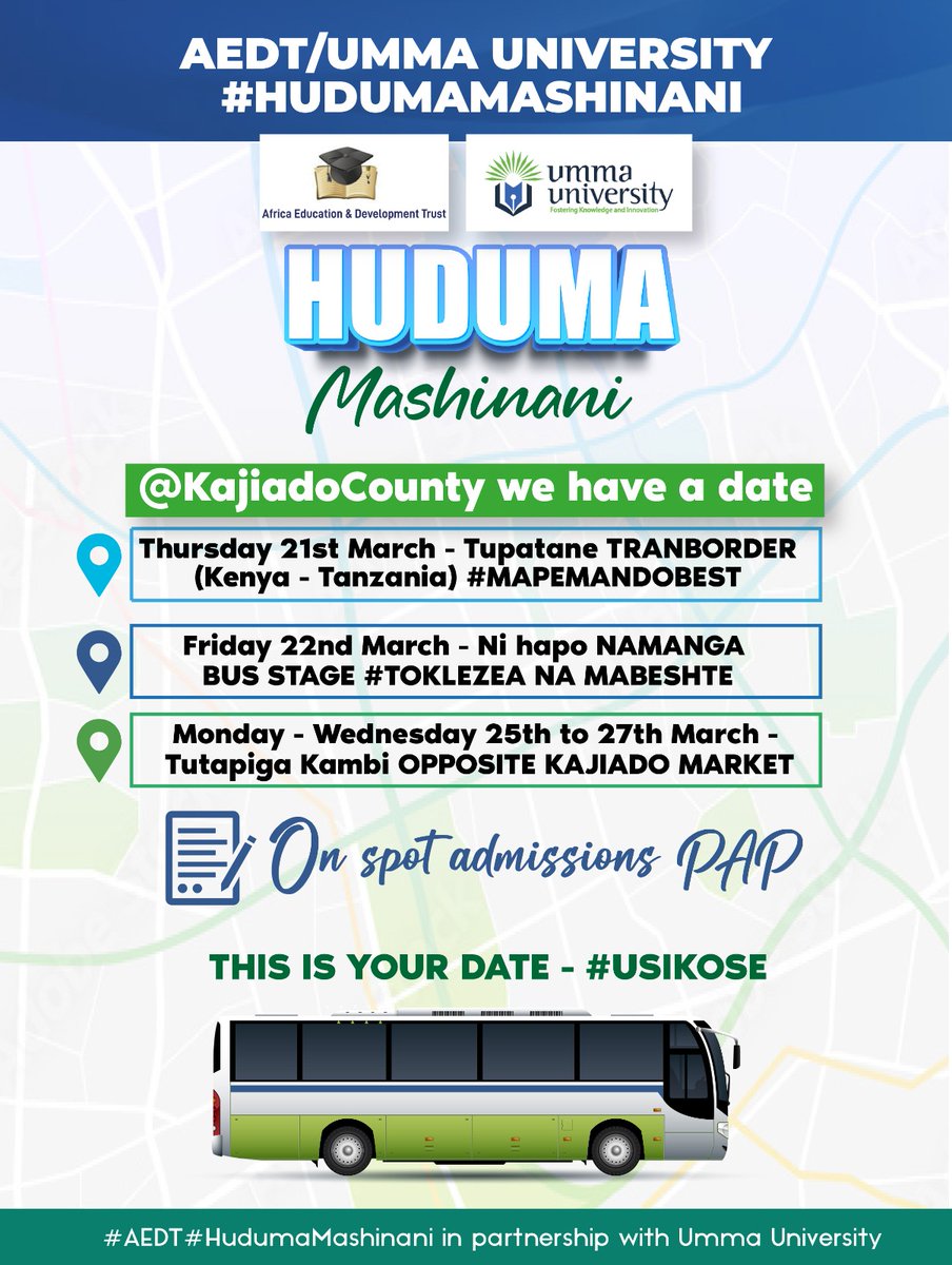 #HudumaMashinani with @UmmaUniversity @KajiadoGov you have a date 🌹🌹🌹 Do not miss the opportunity of interacting one on one with our team!! Benefits: - Career guidance & counselling - On spot admissions - Scholarship application process Tuko GROUND!!…