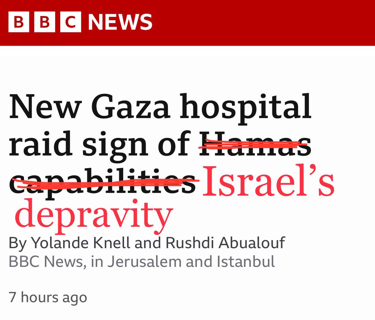 Seriously BBC? Israel bombed a hospital full of patients & families. They killed over 140, arrested ~600. A fucking hospital.