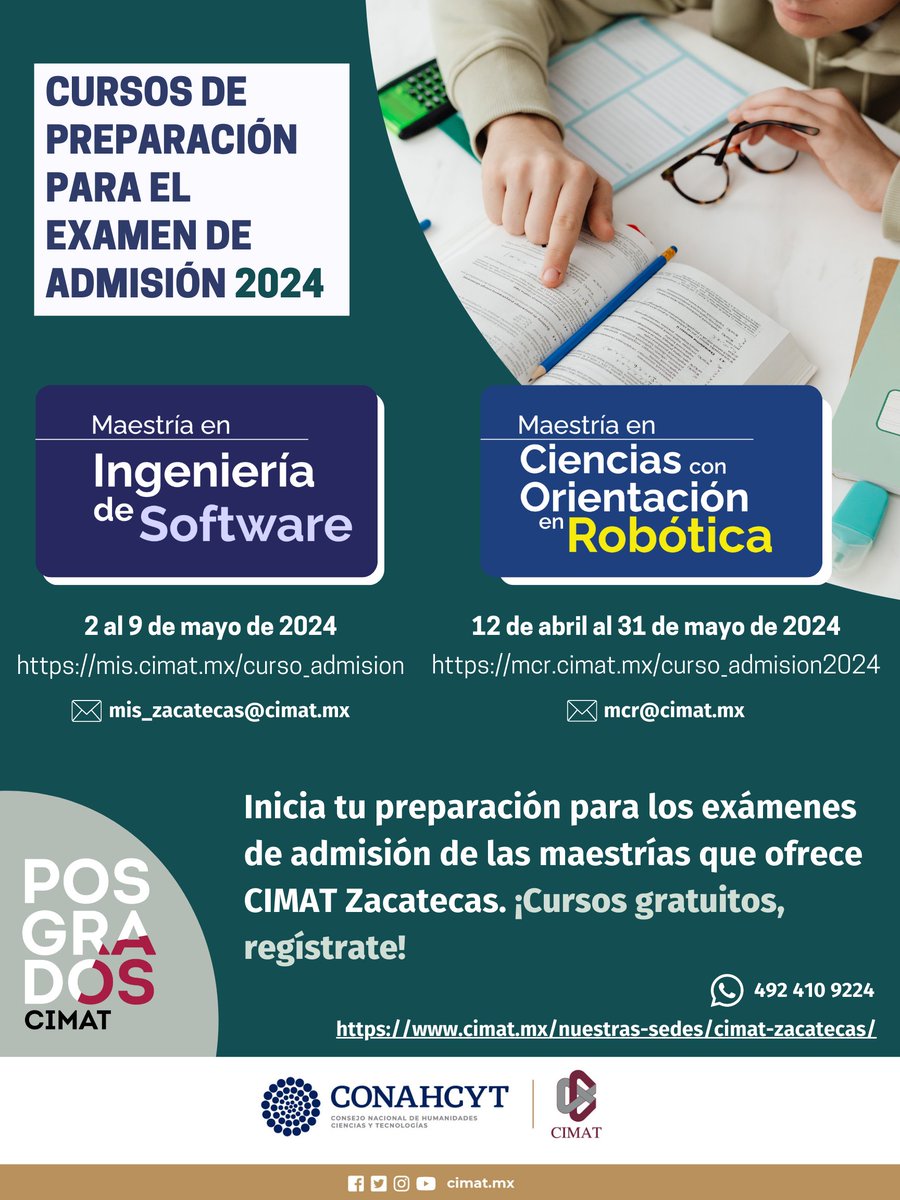 ¡Regístrate y aparta tu lugar!

mis.cimat.mx/curso_admision
mcr.cimat.mx/curso_admision…