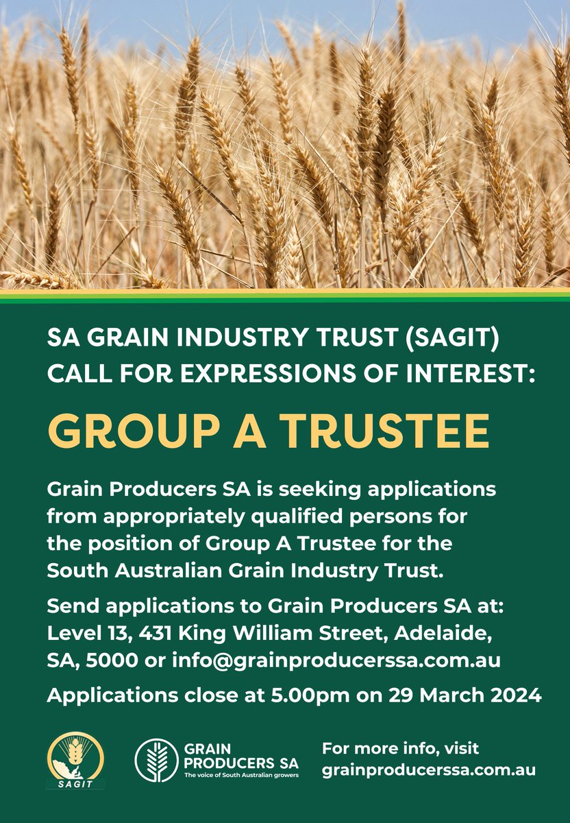 CLOSING SOON! GPSA is seeking applications for the position of @SAGrainTrust Group A Trustee Skills required: Knowledge techniques & tech of grain growing, Strong understanding corporate gov, Financial analysis, Understanding commercial-in-confidence protocols Closes 5pm 29/03/24