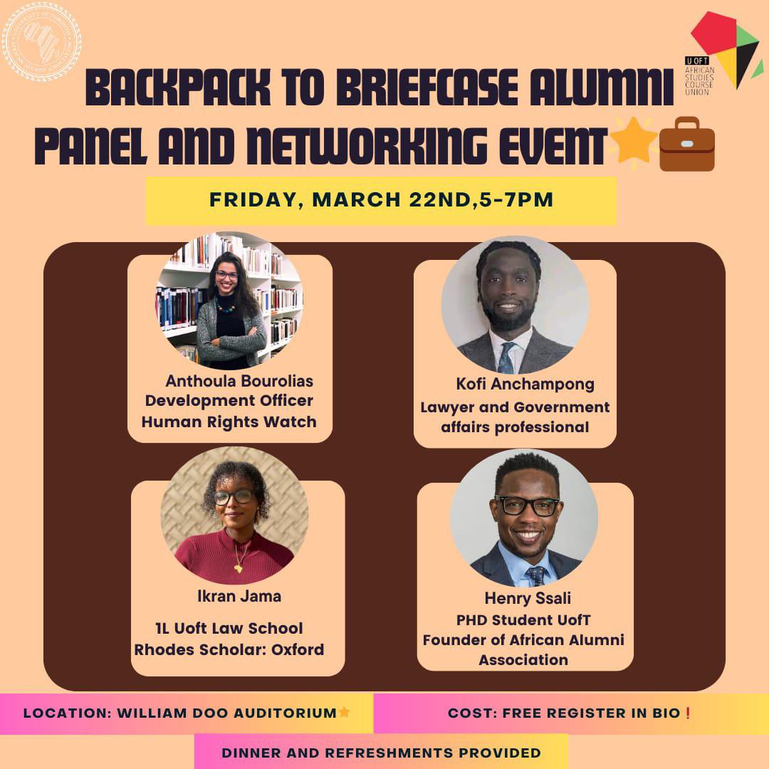 Calling all students and recent graduates for an exciting event hosted by The African Studies Course Union! Don't miss the Backpack to Briefcase Alumni Panel and Networking Event, in collaboration with the African Alumni Association. Link to register: eventbrite.ca/e/backpack-to-…