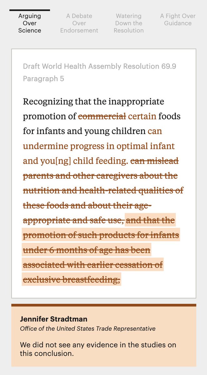 One of the exchanges I found particularly wild: A trade official struck out all of this language about the (well-documented) links between advertising baby formula and stopping breastfeeding. Important to note: U.S. gov agencies are heavily lobbied by the formula industry.