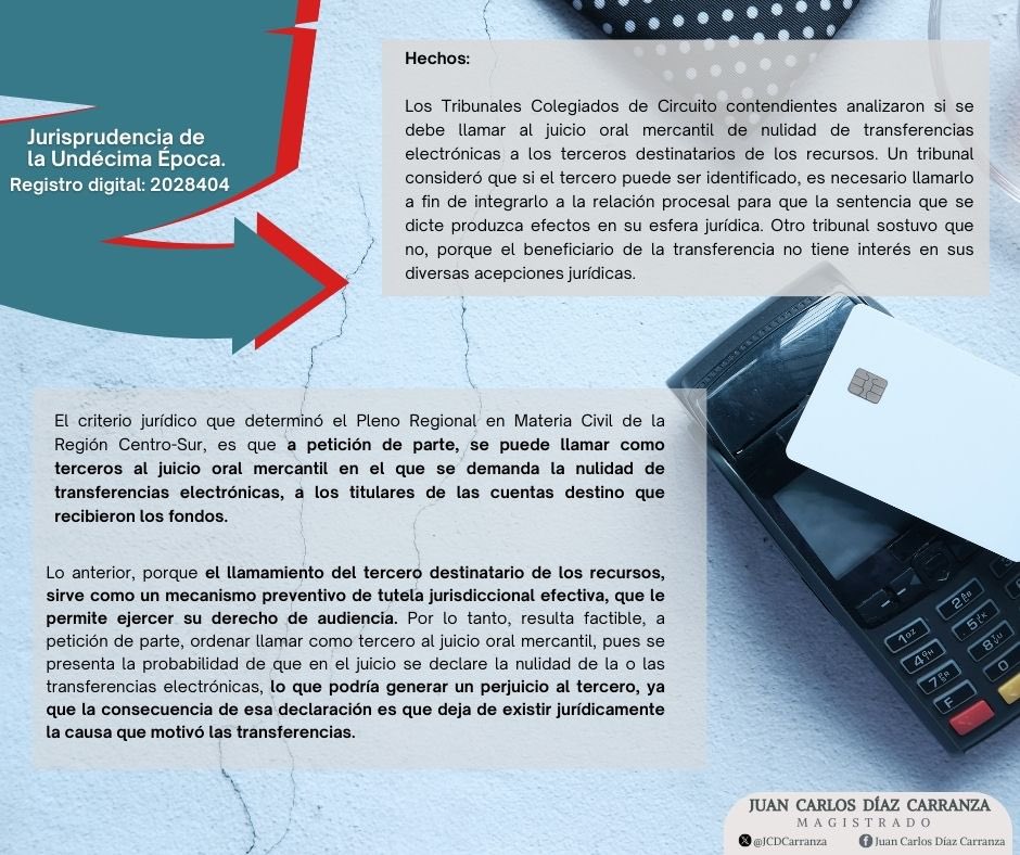 JCDCarranza's tweet photo. ACCIÓN DE NULIDAD DE TRANSFERENCIAS ELECTRÓNICAS

📌 En el juicio oral mercantil.

El Pleno Regional en Materia Civil de la Región Centro-Sur, publicó el 15 de marzo del'24 la jurisprudencia en materia civil, por contradicción de criterios resolviendo:

✅A petición de parte,
1/2 https://t.co/waUJyZlPhZ