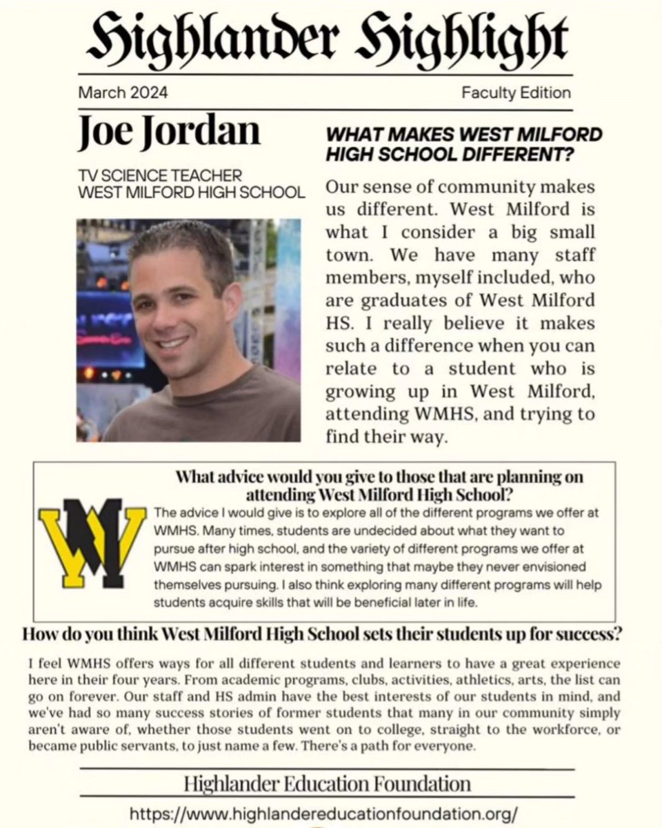 HighlanderEdFun's tweet image. 🎉📰 The HEF is thrilled to announce the release of our very first newspaper edition, The Highlander Highlight. Our goal is to showcase the journey of West Milford Alumni and the incredible teachers who played a pivotal role in their success.
#inspiringchange
