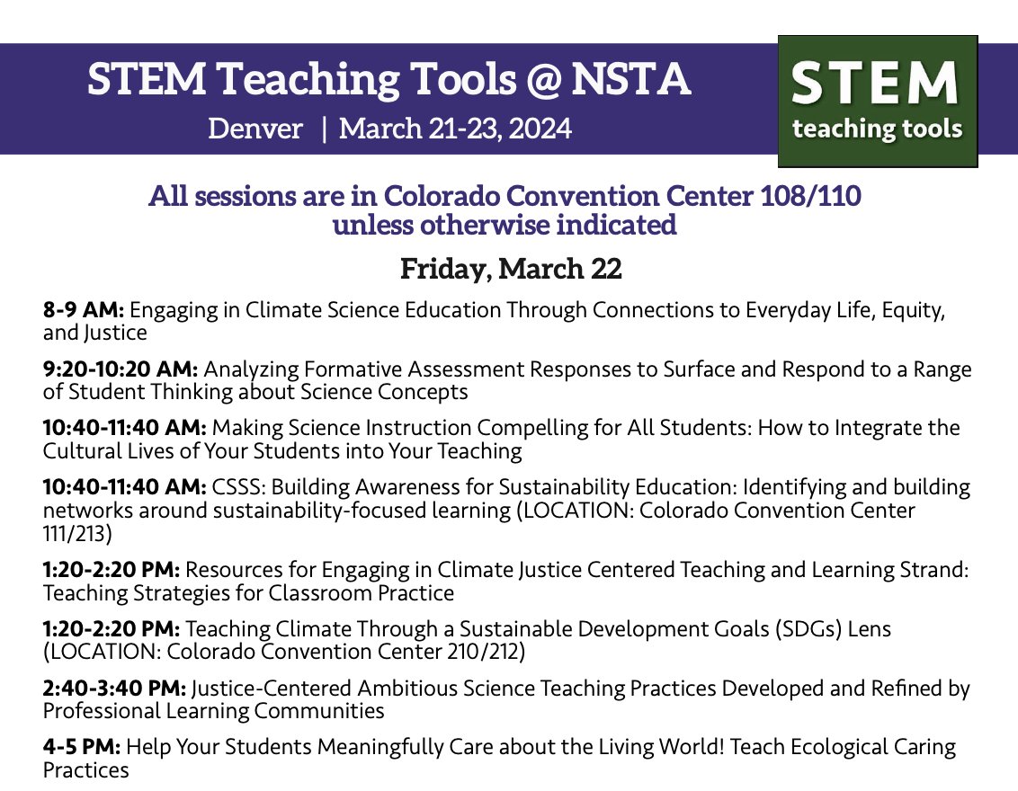 What a great day at #NSTA24! Looking forward to a fabulous Friday. The @UW @STEMTeachTools team & collaborators are offering 8 great sessions on Friday. Most are in Convention Center 108; others as listed. Come join in! You can explore details here… ➡️ stemteachingtools.org/news/2024/nsta…