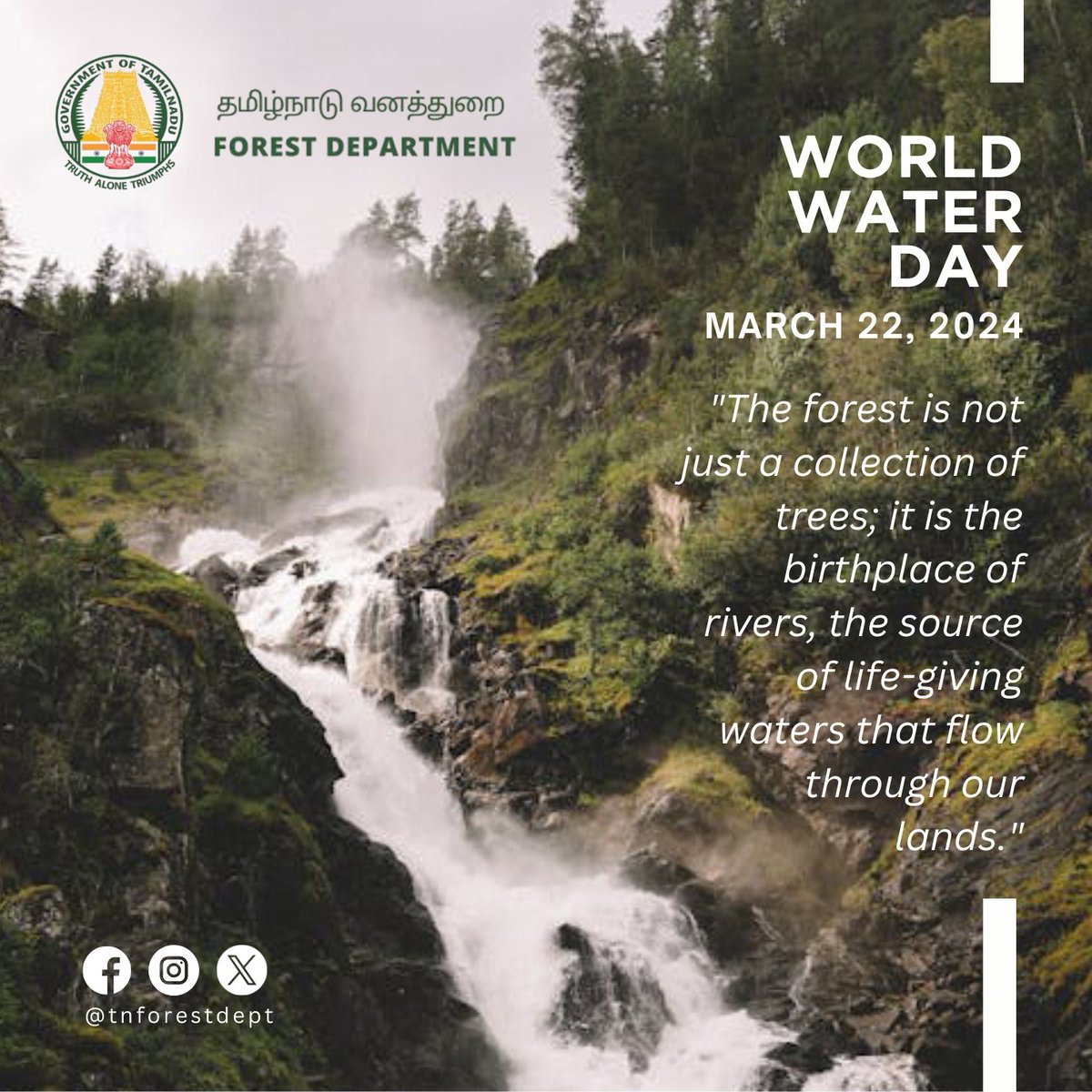 'Water for Peace' is the theme of #WorldWaterDay 2024. Let's remember that forests are the origin of water, vital for our rivers and ecosystems. When we join hands to conserve water, we create positive ripples, fostering harmony, prosperity, & resilience to shared challenges