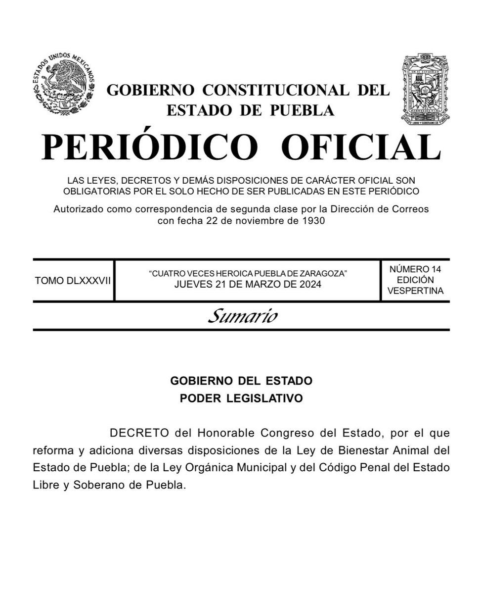 En este momento ha sido publicado en el #PeriódicoOficial el Decreto por el que se reforman y adicionan diversas disposiciones de la Ley de #BienestarAnimal del Estado de #Puebla; de la Ley Orgánica Municipal y del Código Penal del Estado Libre y Soberano de Puebla.

Es…