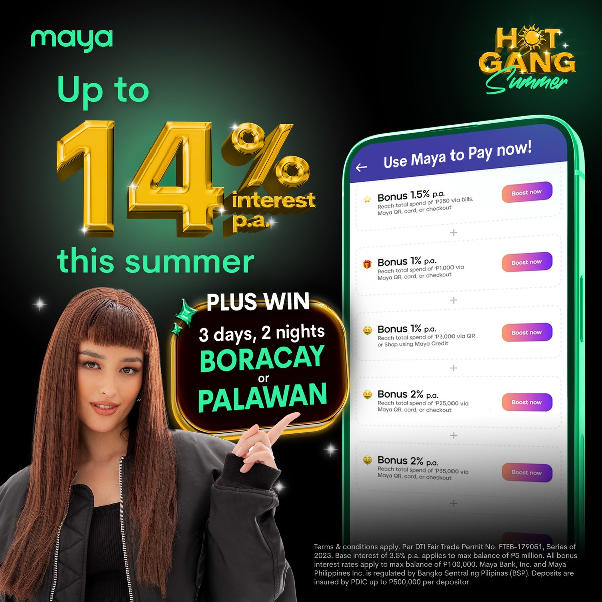 Summer’s hottest savings are here at up to 14% interest p.a. Keep using Maya to get that boost 🚀 and a chance to bring the barkada to Boracay or Palawan 🏖️ 👉 Learn at mayabank.ph/highinterestsa…