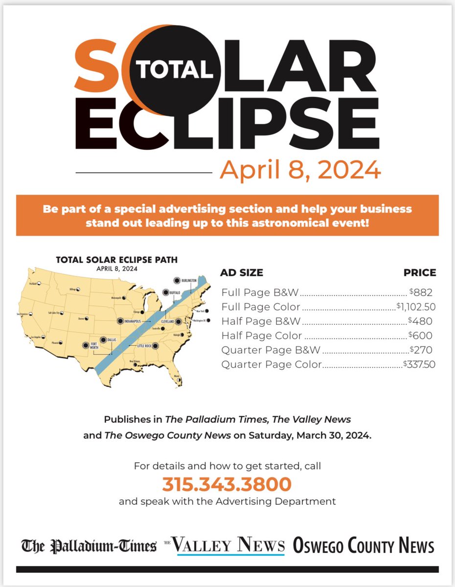 Do you own a business in CNY and are planning something for the solar eclipse? Advertise with us! See below ⬇️