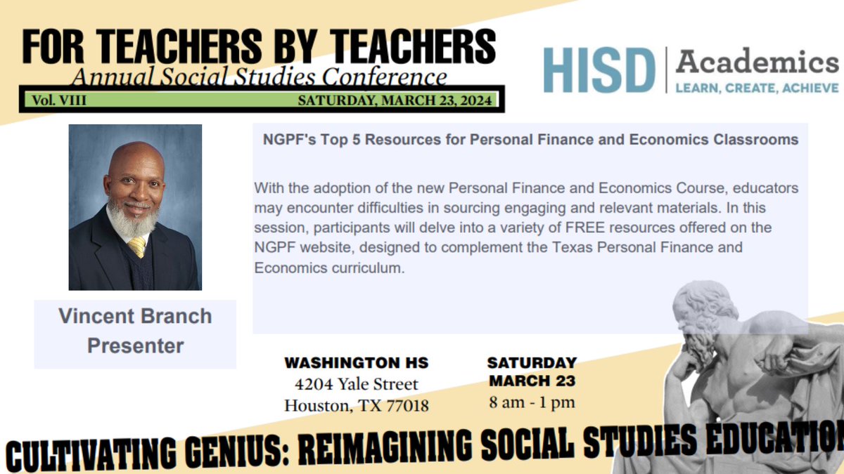 Vincent Branch, M.Ed. (@mr_vbranch) on Twitter photo This Saturday, March 23, I will be presenting NGPF's Top 5 Resources for the Personal Finance and Economics Classroom at <a href="/HoustonISD/">Houston ISD</a> For Teachers By Teachers Conference! It FREEE! Sign up today!
<a href="/NextGenPF/">Next Gen Personal Finance</a> <a href="/HISDSocStudies/">HISDSecondarySocialStudies</a> This Saturday, March 23, I will be presenting NGPF's Top 5 Resources for the Personal Finance and Economics Classroom at <a href="/HoustonISD/">Houston ISD</a> For Teachers By Teachers Conference! It FREEE! Sign up today!
<a href="/NextGenPF/">Next Gen Personal Finance</a> <a href="/HISDSocStudies/">HISDSecondarySocialStudies</a>