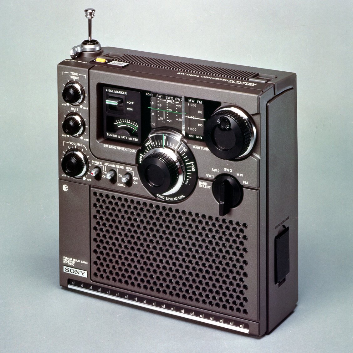 The Sony ICF-5900W, dubbed the 'Sky Sensor,' is a 1975 shortwave receiver prized for its precise tuning despite its complexity. It's a sought-after collector's item and a milestone in shortwave travel receiver advancement.