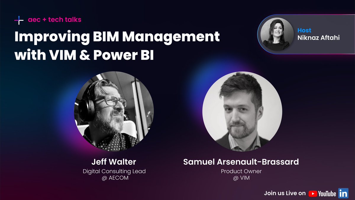 🎉 🔊 Join us tomorrow to discover how you can significantly enhance your #BIM management with the powerful combination of VIM and Power BI! We’ll be joined by: Jeff Walter, Digital Consulting Lead at AECOM, and Samuel Arsenault-Brassard, Product Owner at <a href="/VIMAEC/">VIM</a>