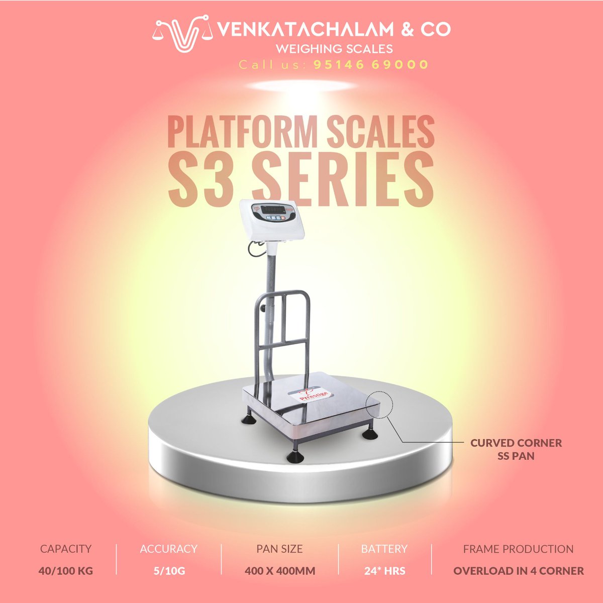 S3 series - PLATFORM SCALE 
Green display,  100 kgs weigh capacity with battery back  for 24 hrs. Also Available in 300kgs capacity.Perfect for #vegetablemarket 
#venkatachalam #VenkatachalamandCo #prrestigescale #coimbatore #weighingmachine #digitalscales #platformscale