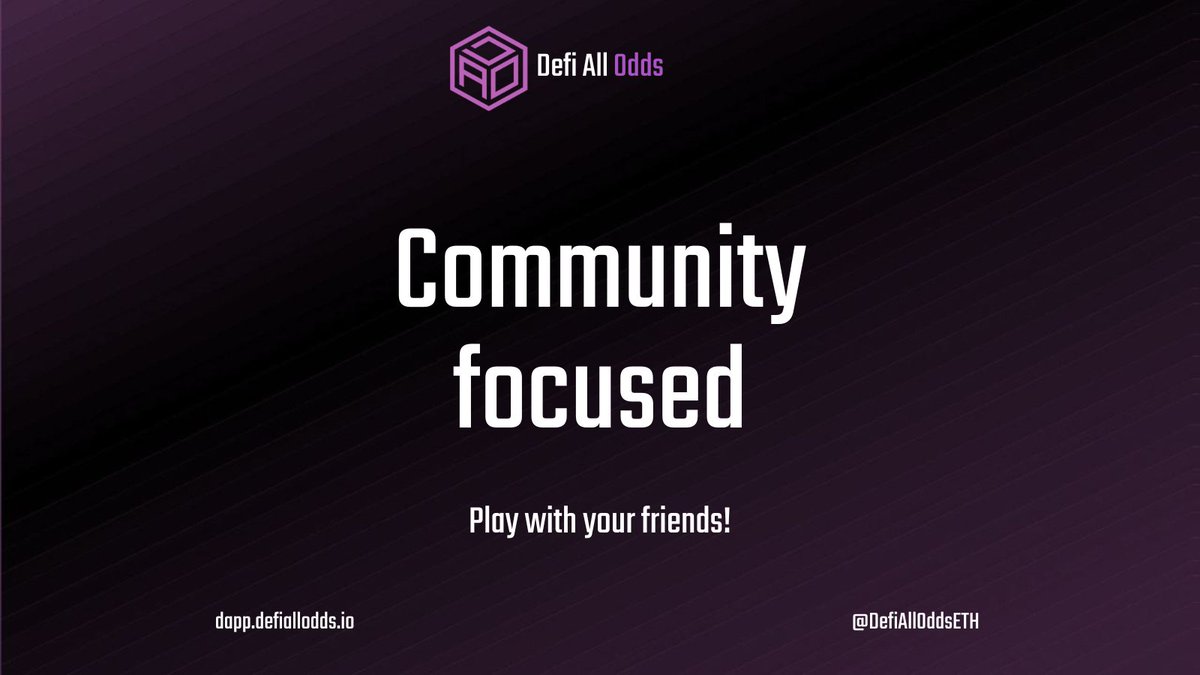 👋Defi All Odds is the premier community-based predictfi platform, designed to incorporate Free2Play, Hold2Earn, and Compete2Win. 

Our mission, and our motto, are one and the same: 'All for Win, and Win for All.' 🙌