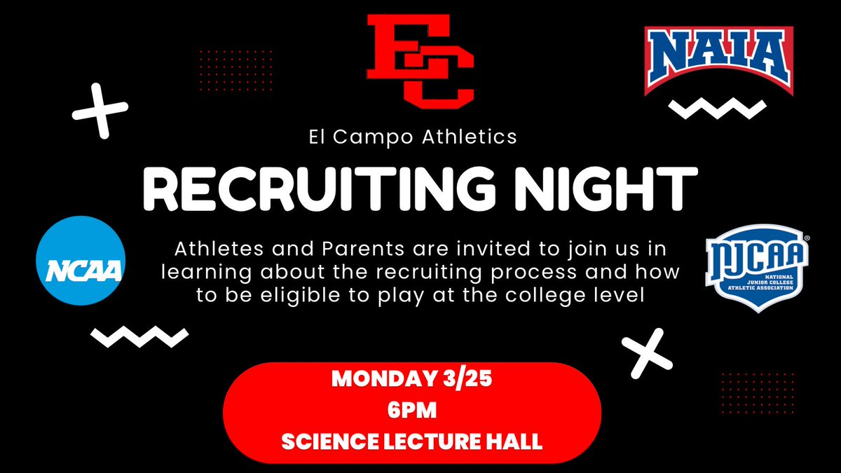 Athletes and Parents please join us Monday March 25th at 6 pm for our recruiting information night! It’s a great chance to get information on the recruiting process and how to be eligible to play at the collegiate level. @CoachTReeve @Ricky_Ricebird