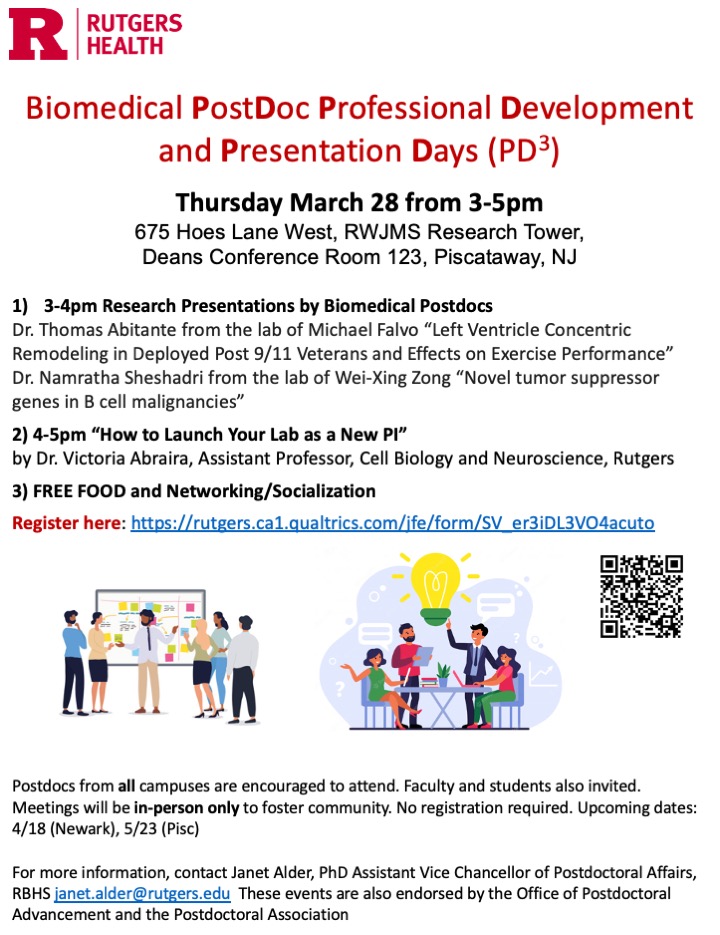 Rutgers postdocs - Join us on March 28 from 3-5pm to hear from your peers about their research and learn how to launch your lab as a new PI! Biomedical PostDoc Professional Development and Presentation Days (PD3) <a href="/RutgersOPA/">Office of Postdoctoral Advancement at Rutgers</a> <a href="/RutgersPDA/">Rutgers Postdoctoral Association</a> 
Register here rutgers.ca1.qualtrics.com/jfe/form/SV_er…
