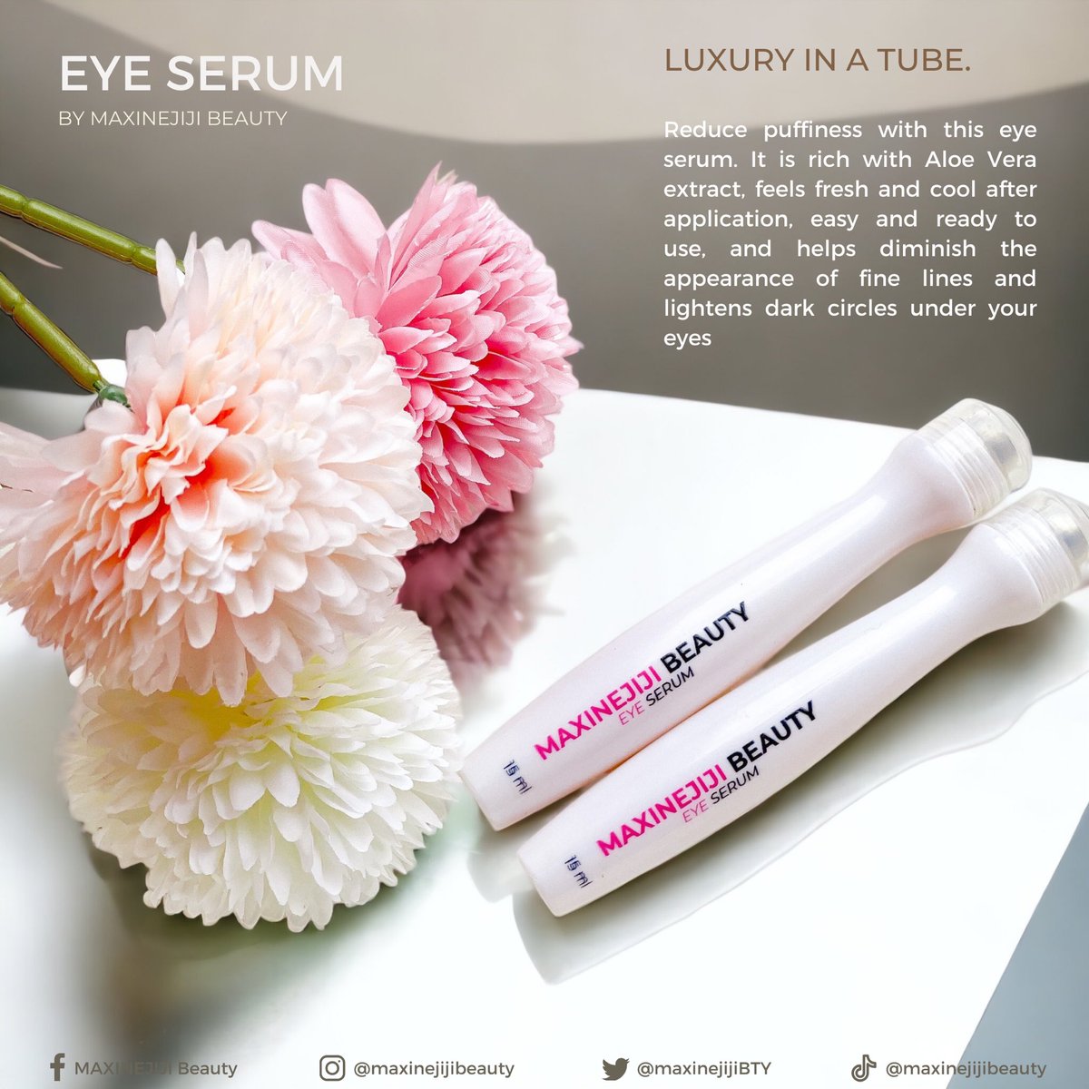 Our best-selling eye serum targets fine lines, wrinkles, puffiness and helps brighten dark circles around the eyes. 🥰 You'll get to see results around three to four weeks! 🥰✨

💯 Relaxing
💯 Cooling Effect
💯 Effective

#BeautyWithoutLimits
#MAXINEJIJIBeauty