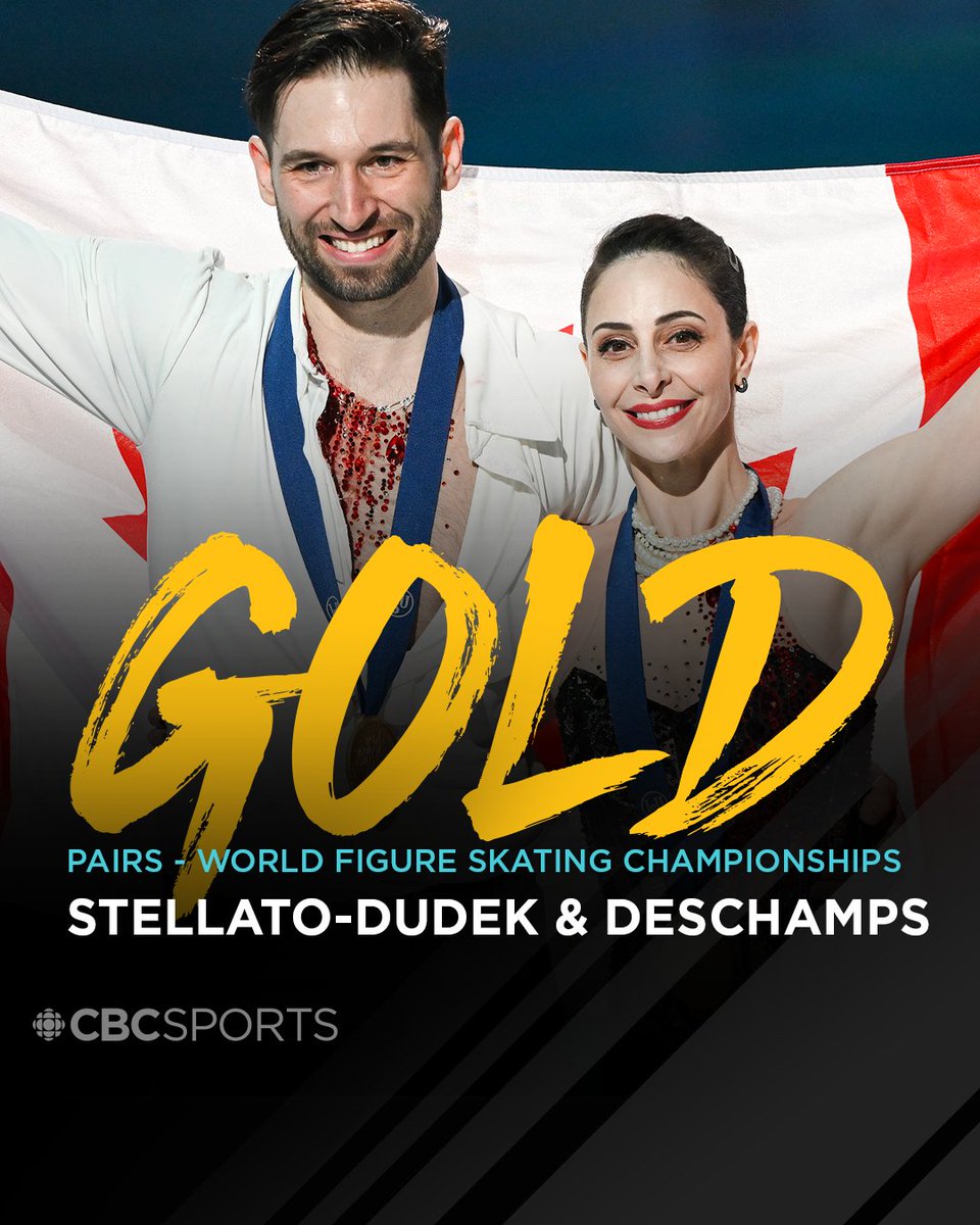 A HISTORIC GOLD ON HOME ICE 🇨🇦🥇 Canada's Deanna Stellato-Dudek and Maxime Deschamps win gold in the pairs competition at the ISU World Figure Skating Championships in Montreal. Stellato-Dudek becomes the oldest woman to claim a world title Full story: cbc.ca/1.7150675