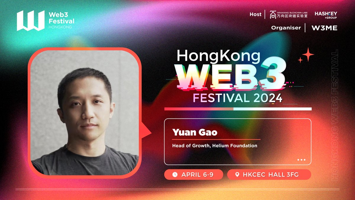 Explore #DePIN with @gaoyuan121, Head of Growth @HeliumFndn at the upcoming Hong Kong #Web3Festival on April 7th. Join us 6-9 April to explore the future of #Web3 and #crypto with over 160 game-changing projects, 100 media and 300 notable speakers. Tickets:…