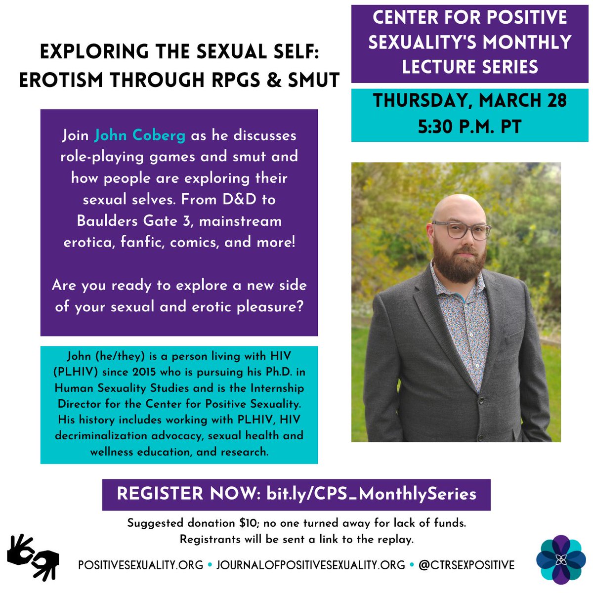 Join our March Monthly Series 3/28 @ 5:30 PM PT.

CPS Internship Director, John Coberg, will present 'Exploring the Sexual Self:
Erotism Through RPGs & Smut.' They will discuss role-playing games and smut and how people are exploring their sexual selves.

bit.ly/CPS_MonthlySer…