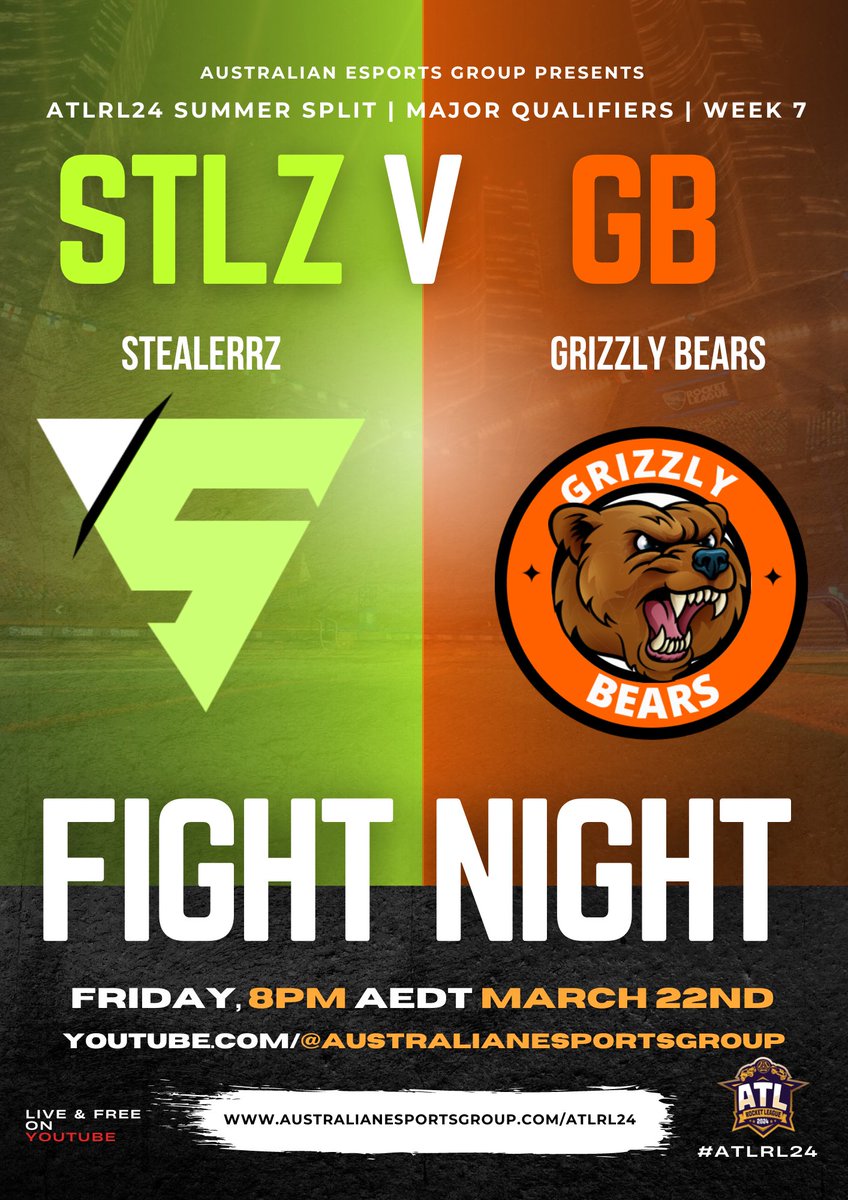 AustralESports's tweet photo. ATLRL24 Summer Split 🏆
Major Qualifiers 🗓️

🎖️Stealerrz v Grizzly Bears 🎖️
🔴Live at 8PM AEDT Friday 22nd March 2024

🔗 YouTube Link: https://t.co/7lZwT19vFj

#ATLRL24 #RocketLeague #ATL #eSports #Gaming #Tournament #Competition #AustralianESportsGroup #ATLRocketLeague https://t.co/rsBnTGvWRM