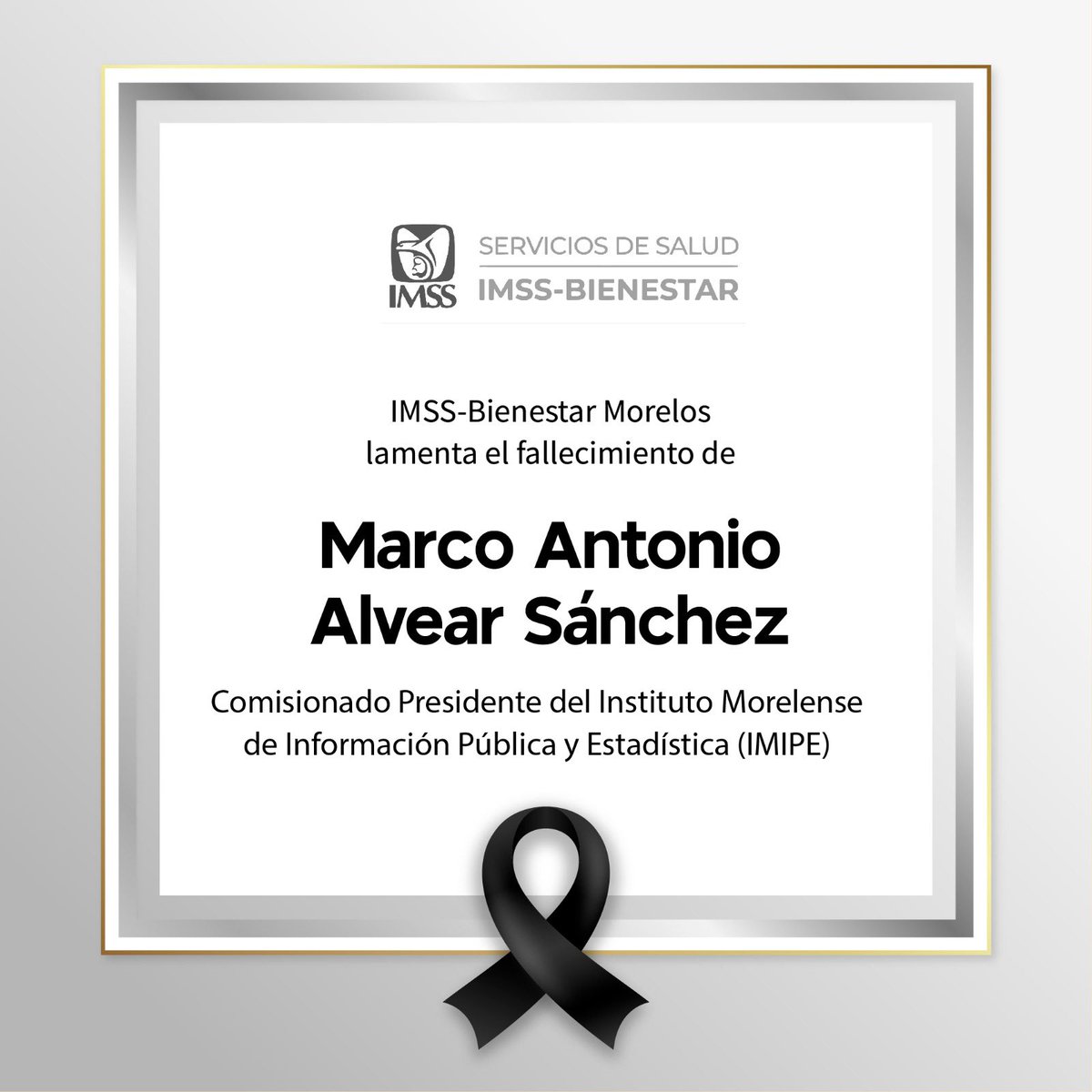 Lamento el sensible fallecimiento de nuestro amigo Marco Antonio Alvear Sánchez, comisionado presidente del @_IMIPE. Mi más sentido pésame a sus familiares. Descanse en paz.
