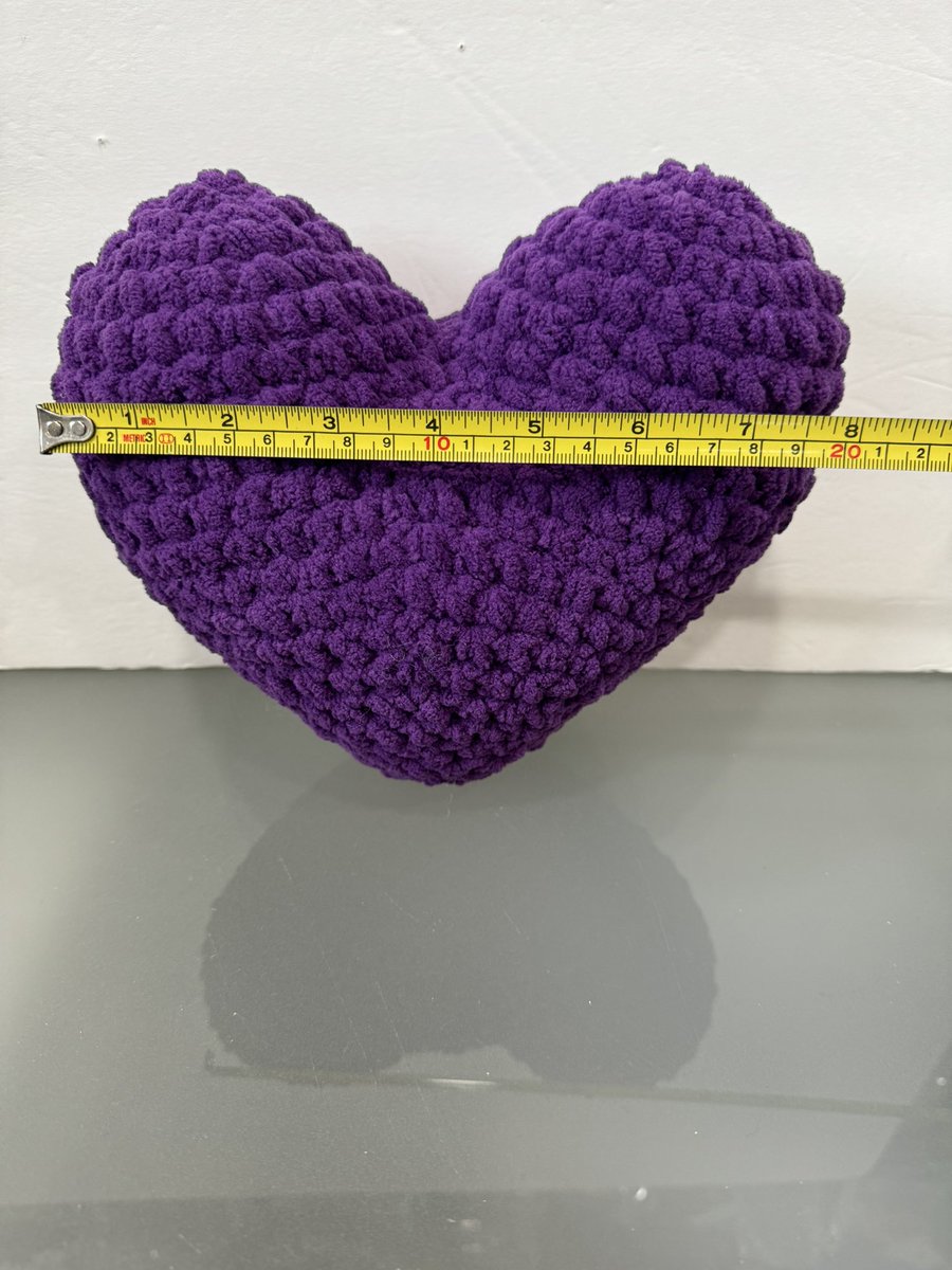 The measurements for the #stuffed #heart using the #free #crochet #pattern WITH my changes. link to #free #crochet #pattern on my website. #kittyskreationsboutique #handmade #diy #hobby #craft #freecrochet #freecrochetpattern #plush #pillow #heartpillow #decor #homedecor #velvet