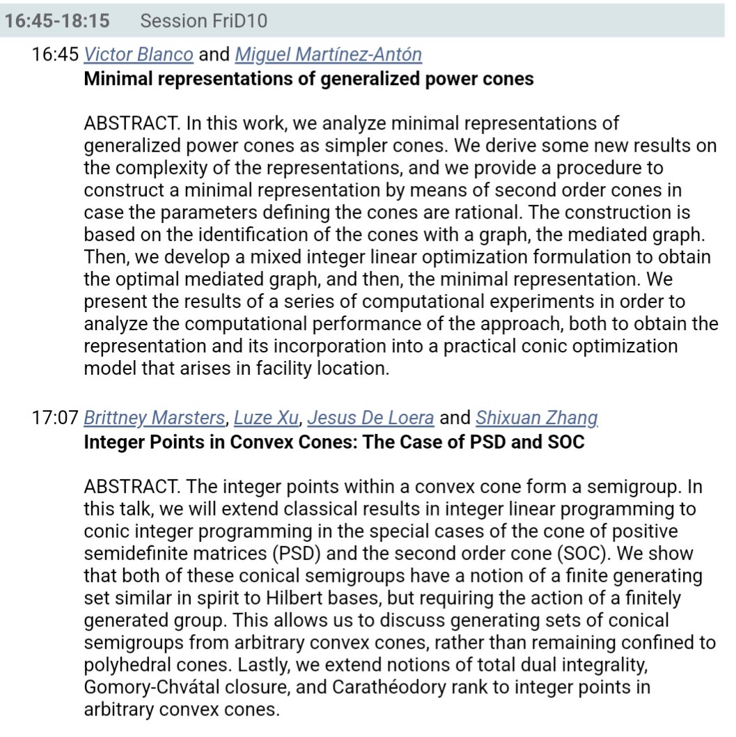 luze_xu's tweet photo. #2024ios If you are interested in cones, lattice points and optimization, check out Brittney Marsters talk on Integer points in PSD and SOC cones at 5:07 Friday (Session FriD10). https://t.co/7HNbnCg6cG