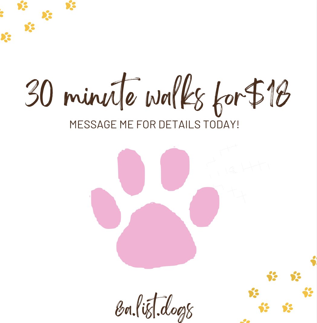30 minute dog walks for $18 at a list dogs!! Message me for details on pet sitting and more dog fun!🐶🥰