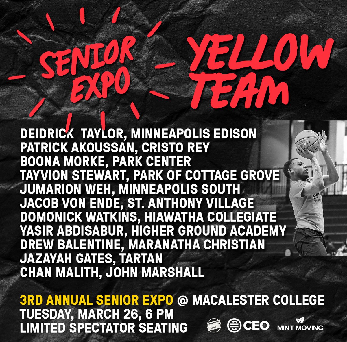 Announcing the yellow team for the 2024 Twin Cities Senior Expo 🏀 Sponsors include C.E.O., @streethistory, Mint Moving and @MBTbball ✅