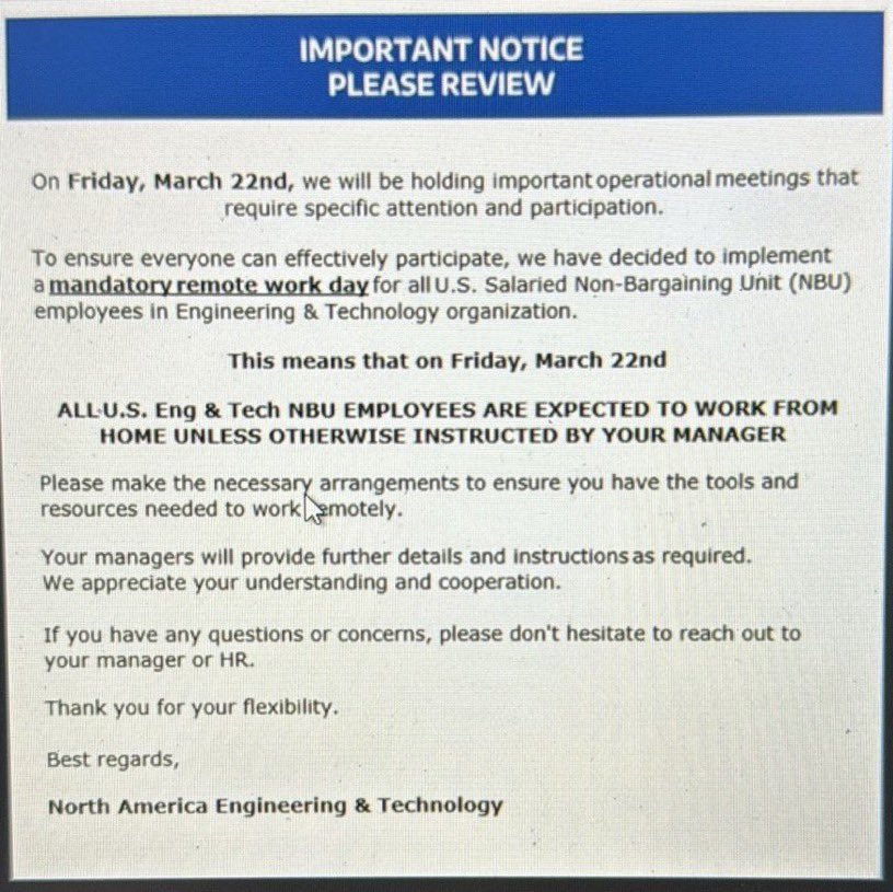 BREAKING: Stellantis, the parent company of Chrysler, Jeep, Dodge, Ram, is sending notices to its employees about a “mandatory remote work day” on Friday. The reason? Your guess is as good as mine, but a notice like this (on a Thursday) could potentially signal layoffs.…