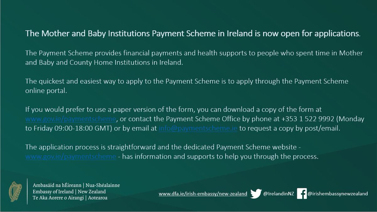 The Mother and Baby Institutions Payment Scheme in Ireland is now open. See here for more information: gov.ie/paymentscheme