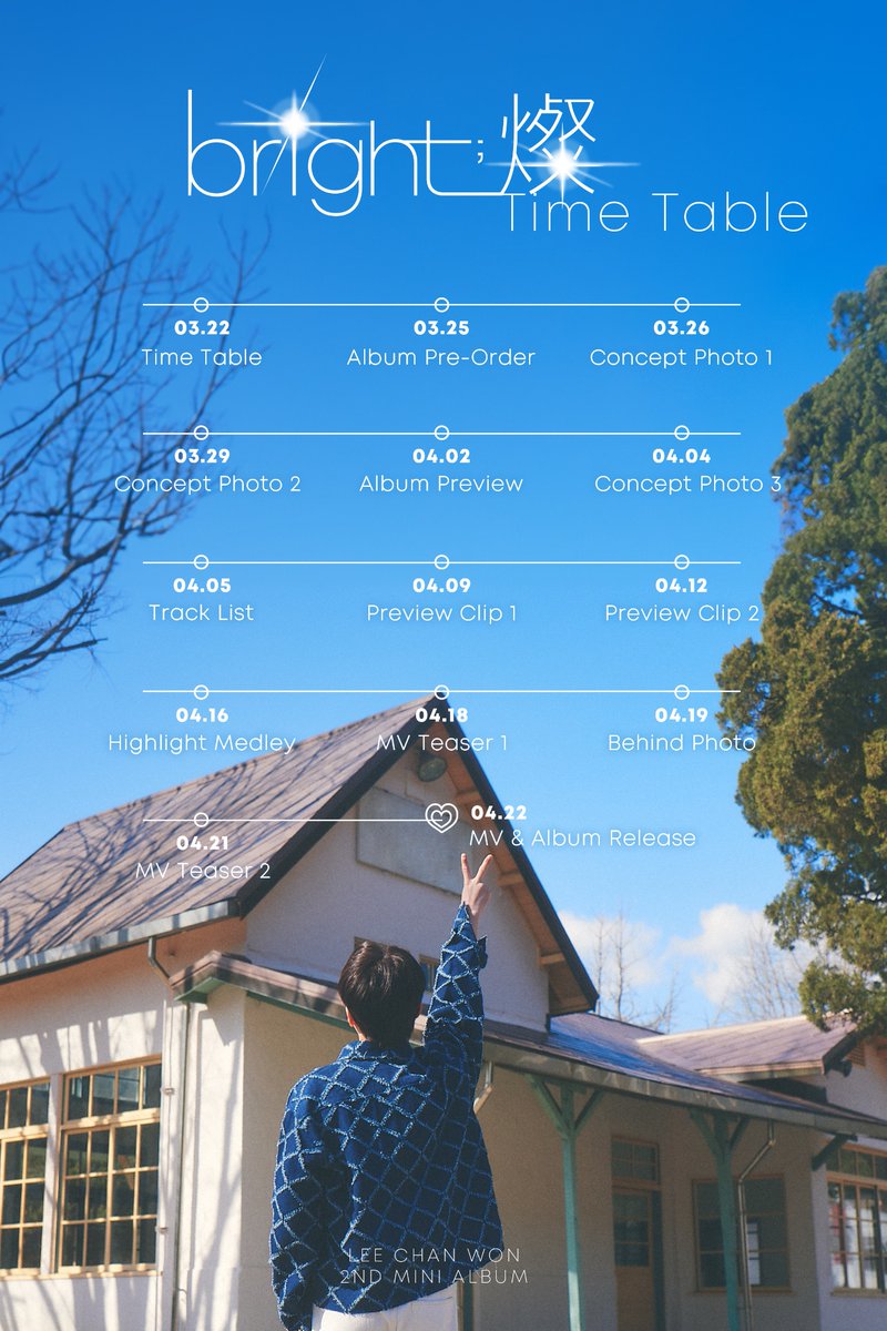 ChanWonOfficial's tweet photo. 이찬원 2nd Mini Album [bright;燦] TIME TABLE
　
🎧2024.04.22.6PM (KST) Release
　
#이찬원 #LeeChanWon
#bright燦 #TIMETABLE https://t.co/gihXnGCDma