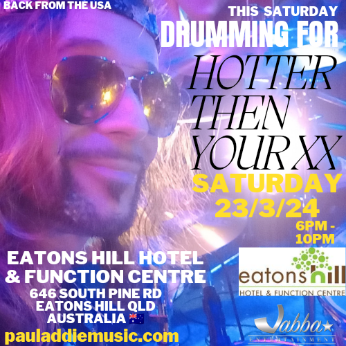 ..The continuation of my love affair with drumming🥁 re-manifests again THIS Saturday Night North Brisbane QLD Australia 🇦🇺 Eaton Hill Function Centre with the veey affably talented lads in 'Hotter Then Your XX' Stay tuned & connected for all Paul Addie Music news 🌎.