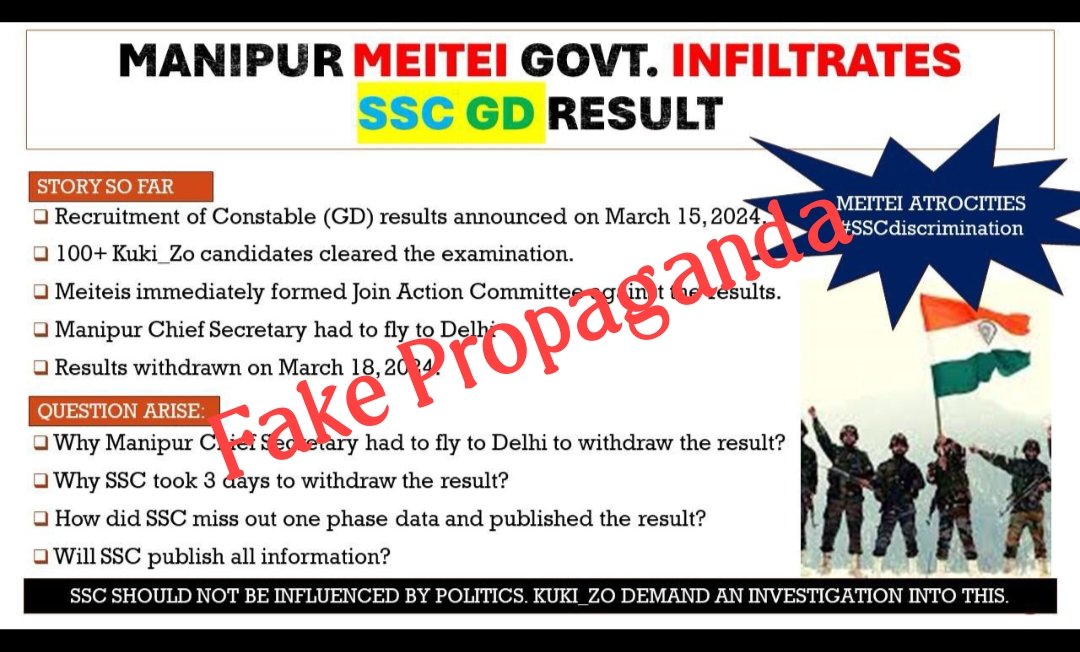 At first, high level #kuki officers infiltrated #SSC_GD to reject all the #Meitei and #Meitei_Pangal . So, no meiteis and meitei_pangals were selected. But after the inquiry, a new result was published. But these #Kukirefugees are making noise that they want fake not facts.