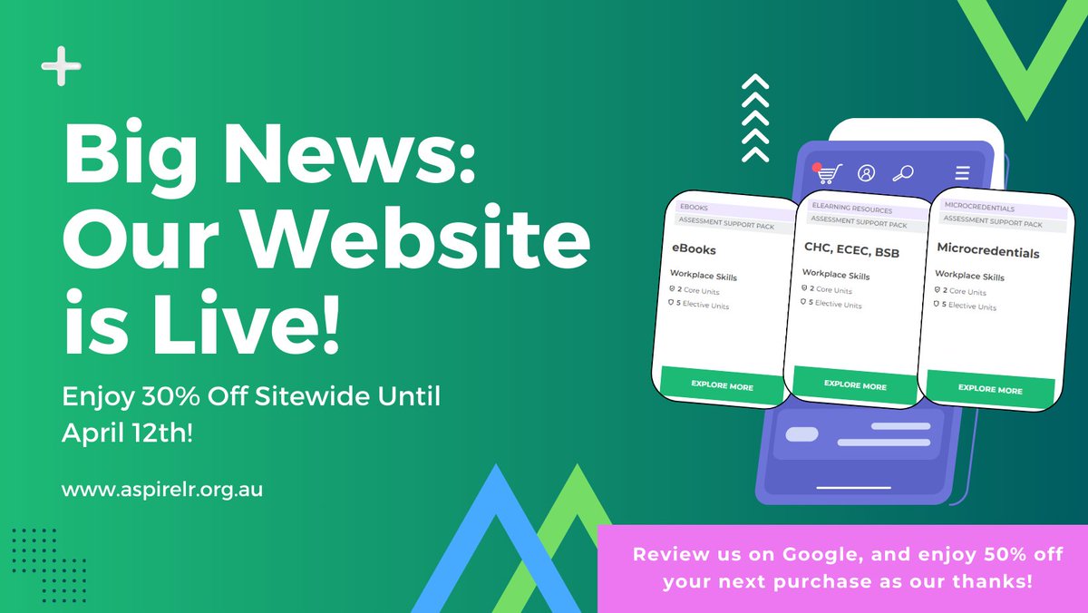 Exciting News! 🚀 

Introducing our new branding and website at Aspire Learning Resources! Enjoy 30% off all learning resources until April 12th! 

Plus, leave us a Google review for 50% off your next purchase! 📷 Don't miss out! 

Visit our website today: aspirelr.org.au
