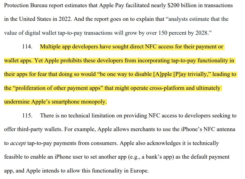Another example of monopolist behavior cited by @TheJusticeDept is Apple ONLY allowing Apple Pay to access the iPhone NFC tap-to-pay feature. Why? A piece of $200 billion in transactions (15 basis points while Samsung and Google charge 0) and to protect its monopoly, DOJ sez.