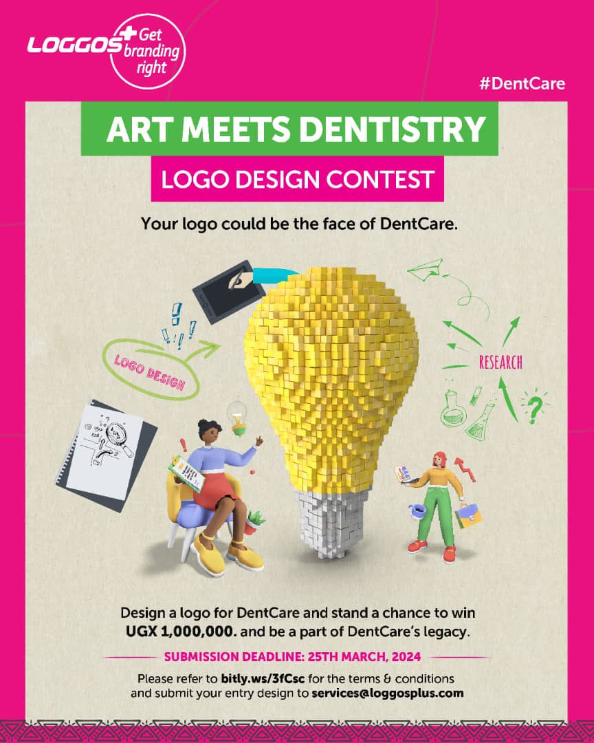 Design wizards wanted! Create DentCare's logo &amp; see your work shine! Your artistry stands a chance to win you a reward of Shs.1,000,000! Don't miss this chance to make smiles brighter and wallets heavier.

#Dentcarelogo
#1millionsmiles 
#Designers