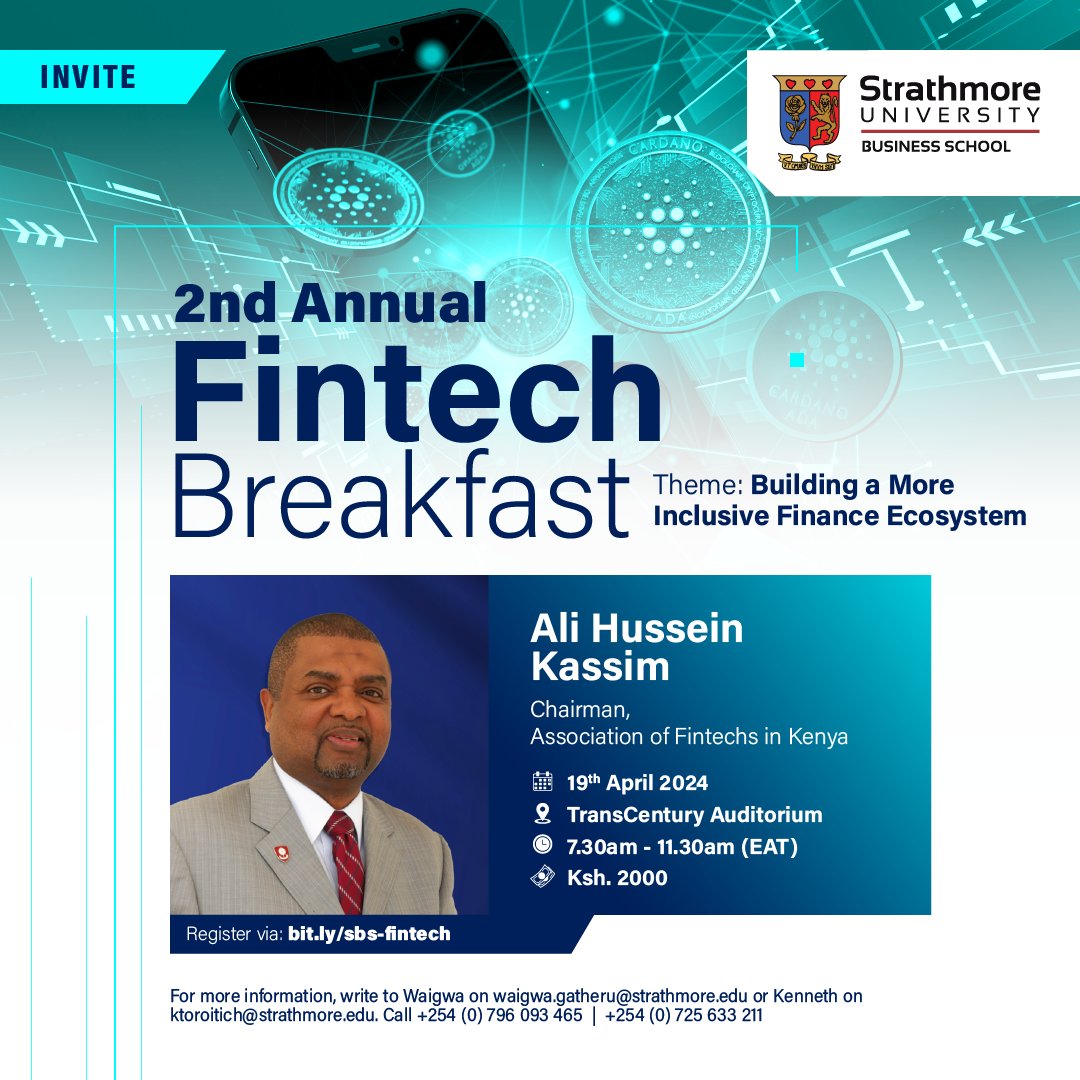 Join us for the 2nd Annual #FintechBreakfast for insightful conversations on building a more inclusive finance ecosystem in Kenya. Don't miss out! Register today: sbs.strathmore.edu/event/the-fint… #FinancialInclusion #DevelopingGreatAfricanLeaders
