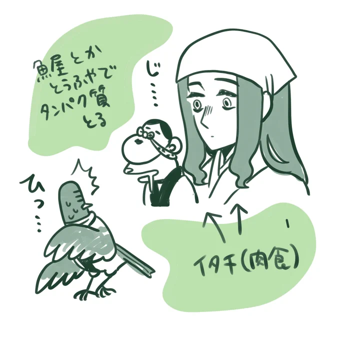 物の怪の市には肉屋がありません。この世界では動物タイプの物の怪が多いので喧嘩やつまみ食いが起こる可能性があるためです。神様の住処の近くで揉めるのは怖いので皆一応節度を保っています。

市の様子はひとひとがみ日々で見られますー
https://t.co/hOXuVZ5IRs 