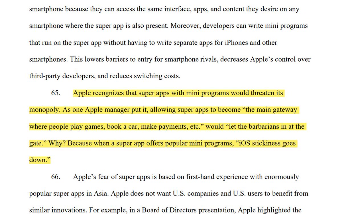 I said that DOJ vs Apple felt like 1990s DOJ vs Microsoft and Apple's alleged fear of 'Super Apps' really echoes that. MS (probably rightly) felt Netscape and Java were an existential threat to Windows. And DOJ sez Apple felt the same way about Super Apps on HTML5 and Javascript