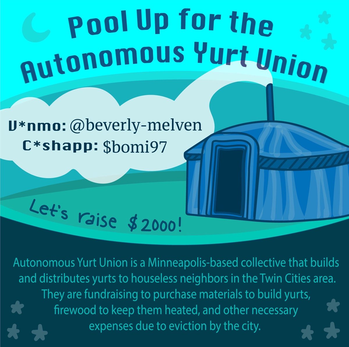 pc_pools's tweet image. 🔆 It’s a Fab Friday, y’all! ☀️ Today we are pooling for Autonomous Yurt Union - a Minneapolis-based collective fundraising to purchase materials to build yurts for their houseless neighbors.