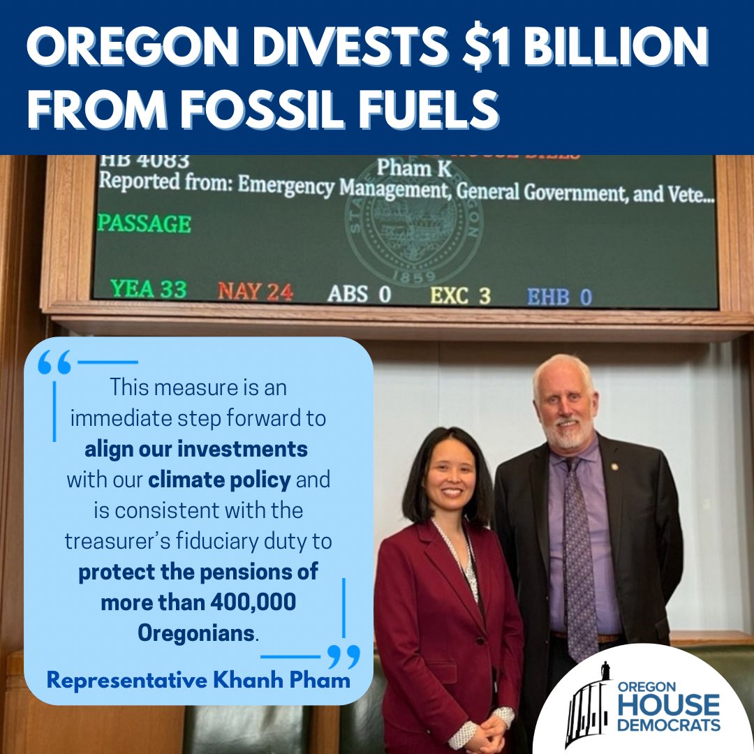 Oregon is committed to transition to 100% clean energy by 2040, and the COAL Act aligns our public pension investments with this goal by divesting $1B from coal, shifting away from fossil fuel investment. This is good for the environment & fiscally responsible #orleg #orpol