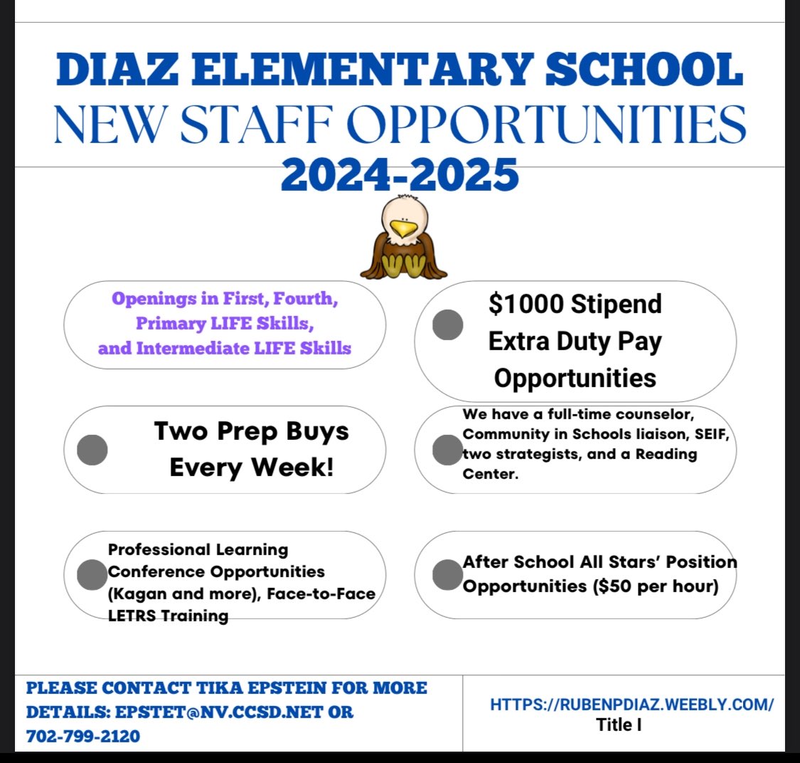 Our amazing students are looking for motivated educators to help them exceed their goals! Do you ❤️teaching first or fourth grade? Are you looking for a new place to live? We have it all at Diaz ES! DM me😊 #newteachers #2024-2025schoolyear