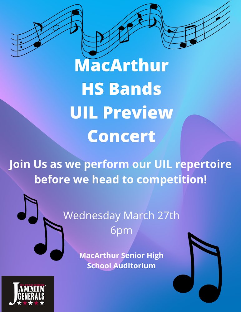 Come join us next week as our ensembles perform their UIL repertoire before heading out to contest April 4th & 5th! @aldinefinearts @Mac9_AISD @Macarthur_AISD @sshowers_s @AldineISD @drgoffney @tdavis_aldine @XMRaldine @aldinedistrict #FAME