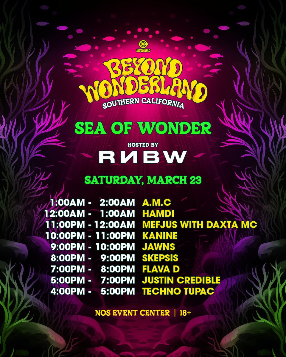 Day 2 of Beyond Wonderland is upon us, and you know what that means! We are taking over the Sea of Wonder Stage, starting with Techno Tupac's set from 4PM - 5PM! Come stop by and enjoy the RNBW vibes! 🌈