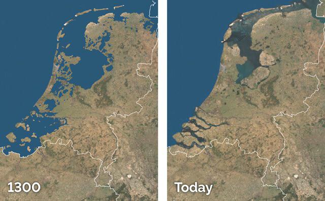 As of 2017, roughly 17% of the total land area of the Netherlands is land reclaimed from either sea or lakes. 

65% of the country would be under water at high tide, if dikes, dunes and pumps were not used. 

This is what the country would have looked like from space in 1300 vs