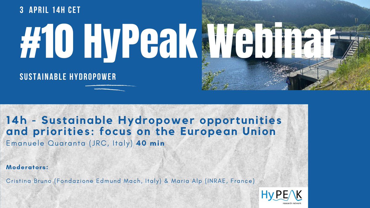 HyPeakNetwork (@hy_peak) on Twitter photo Emanuele Quaranta will present Sustainable Hydropower opportunities and priorities with a focus on the European Union in the next <a href="/hy_peak/">HyPeakNetwork</a> Webinar 🌊
Moderators: Maria Cristina Bruno & Maria Alp
Save the date: 3rd April 2024, 14:00 CET
Register here 👉 lnkd.in/dFNbbXsc Emanuele Quaranta will present Sustainable Hydropower opportunities and priorities with a focus on the European Union in the next <a href="/hy_peak/">HyPeakNetwork</a> Webinar 🌊
Moderators: Maria Cristina Bruno & Maria Alp
Save the date: 3rd April 2024, 14:00 CET
Register here 👉 lnkd.in/dFNbbXsc