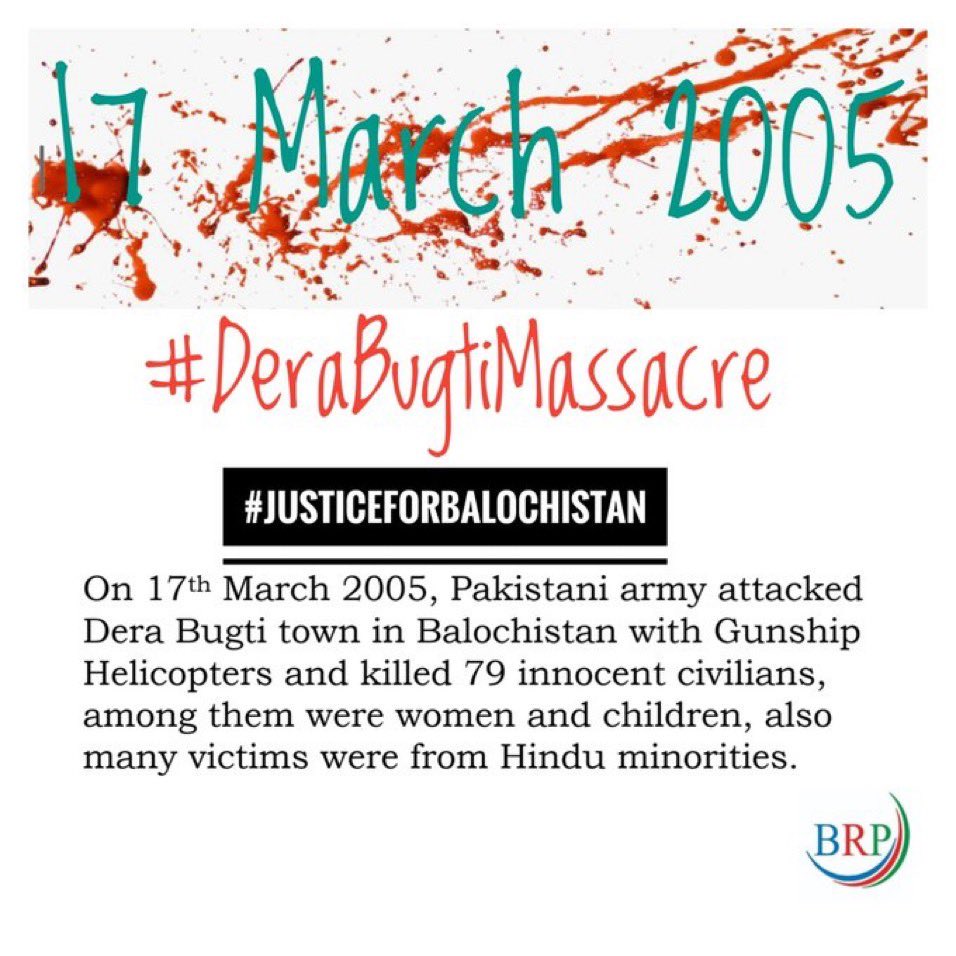 Wandererk18's tweet photo. 17th March is a black day for Balochistan, its a day that screams the voices of those innocent baloch people, that were slaughtered in #DeraBugti in #Balochistan by #PakistanArmy. My tributes to all martyrs of #DerabugtiMassacre !! https://t.co/QjhI0Lmijn