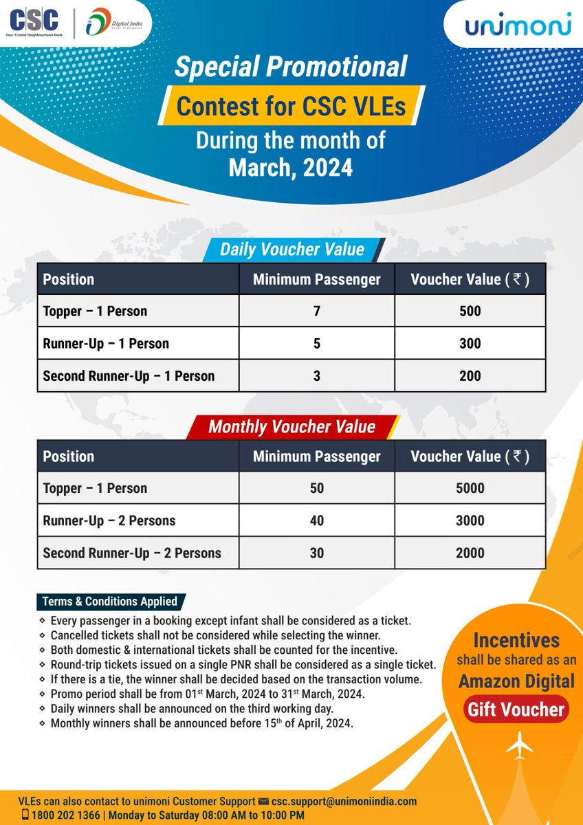 Special Promotional Flight Contest for #CSC VLEs - During the month of March, 2024... Book more tickets, and get more Incentive Vouchers... Book the air tickets through cscsafar.unimonitravel.com For any queries, call on 1800 202 1366 or mail us on csc.support@unimoniindia.com
